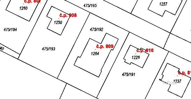 Dolní Bousov 809 na parcele st. 1264 v KÚ Dolní Bousov, Katastrální mapa