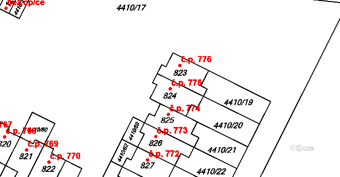 Hrušovany nad Jevišovkou 775 na parcele st. 824 v KÚ Hrušovany nad Jevišovkou, Katastrální mapa