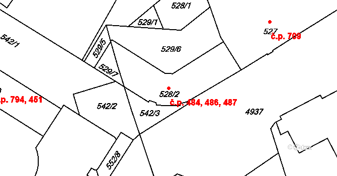 Přerov I-Město 484,486,487, Přerov na parcele st. 528/2 v KÚ Přerov, Katastrální mapa