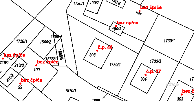 Nesměřice 46, Zruč nad Sázavou na parcele st. 305 v KÚ Nesměřice, Katastrální mapa