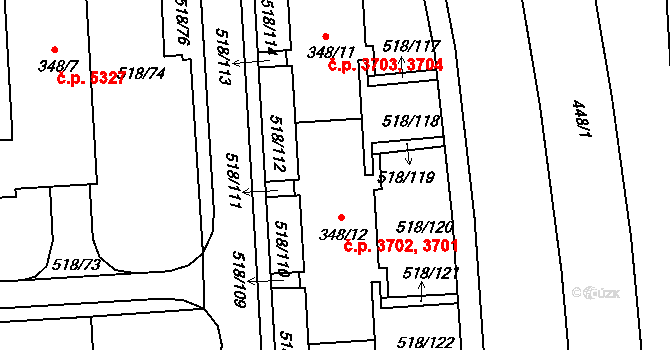 Mšeno nad Nisou 3701,3702, Jablonec nad Nisou na parcele st. 348/12 v KÚ Mšeno nad Nisou, Katastrální mapa
