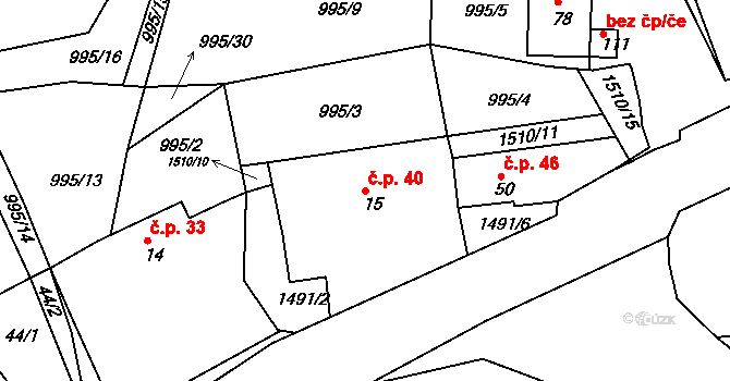 Kamenička 40, Kamenice na parcele st. 15 v KÚ Kamenička, Katastrální mapa