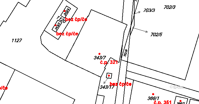 Rožďalovice 321 na parcele st. 343/7 v KÚ Rožďalovice, Katastrální mapa