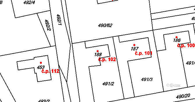 Bohutín 102 na parcele st. 188 v KÚ Bohutín, Katastrální mapa