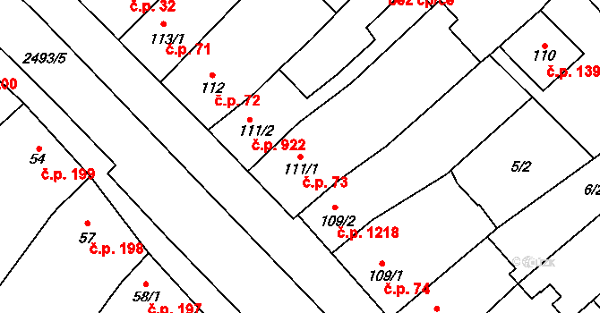 Kyjov 73 na parcele st. 111/1 v KÚ Kyjov, Katastrální mapa