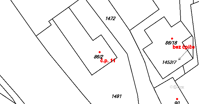 Malý Beranov 11 na parcele st. 86/2 v KÚ Malý Beranov, Katastrální mapa
