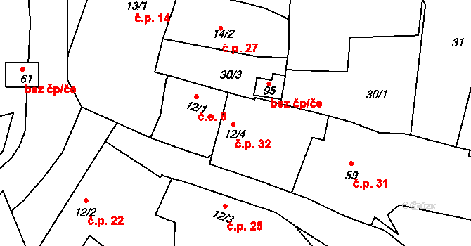 Šebáňovice 32, Vrchotovy Janovice na parcele st. 12/4 v KÚ Šebáňovice, Katastrální mapa