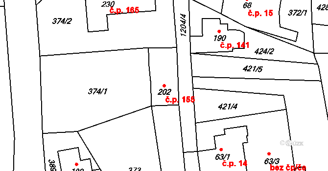 Oldřichov na Hranicích 155, Hrádek nad Nisou na parcele st. 202 v KÚ Oldřichov na Hranicích, Katastrální mapa