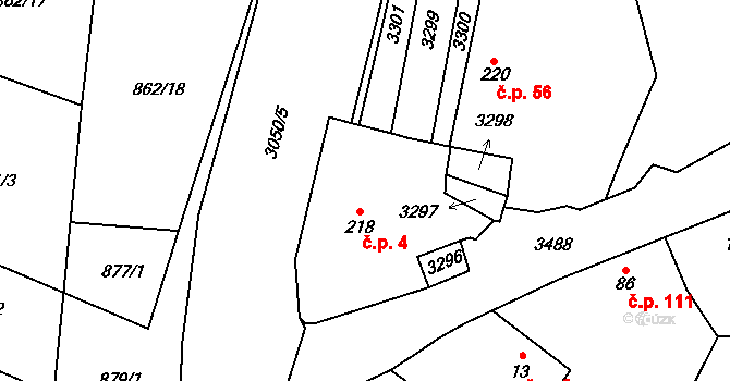 Damnov 4, Bor na parcele st. 218 v KÚ Damnov, Katastrální mapa