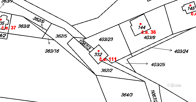Svojšín 111 na parcele st. 332 v KÚ Svojšín, Katastrální mapa