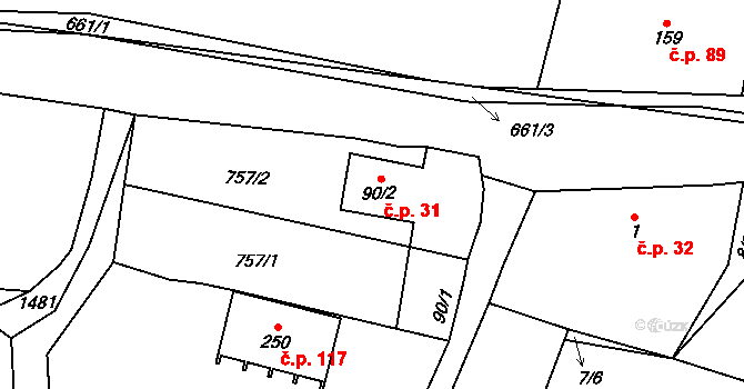 Broumov 31 na parcele st. 90/2 v KÚ Broumov u Zadního Chodova, Katastrální mapa