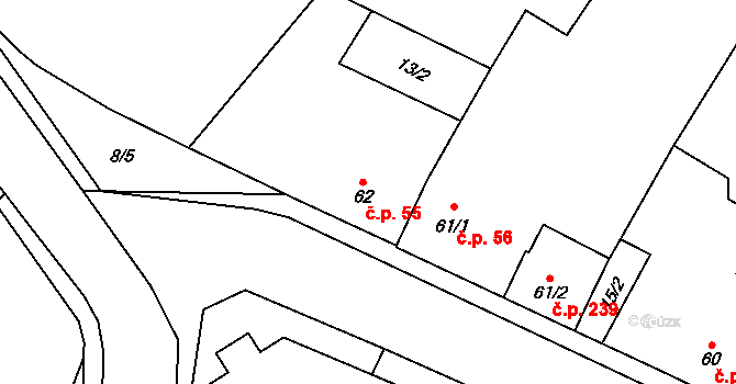 Skřivany 55 na parcele st. 62 v KÚ Skřivany, Katastrální mapa