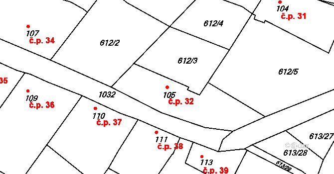 Milovice 32, Soběsuky na parcele st. 105 v KÚ Milovice, Katastrální mapa