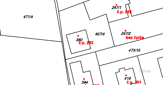 Broumy 283 na parcele st. 380 v KÚ Broumy, Katastrální mapa