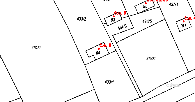 Brzánky 9 na parcele st. 64 v KÚ Brzánky, Katastrální mapa