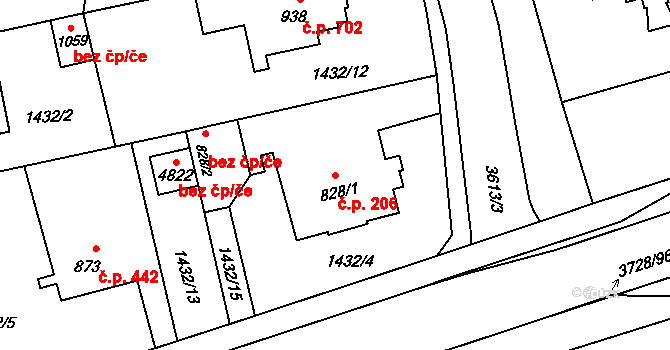 Rožnov pod Radhoštěm 206 na parcele st. 828/1 v KÚ Rožnov pod Radhoštěm, Katastrální mapa