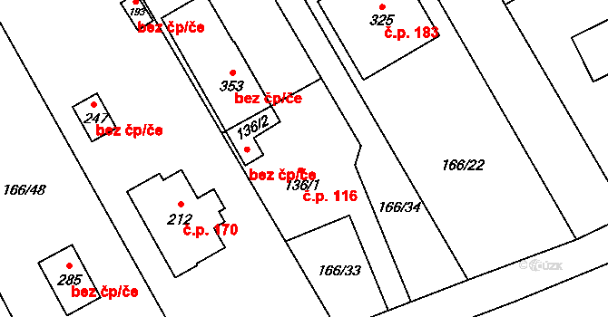 Panenské Břežany 116 na parcele st. 136/1 v KÚ Panenské Břežany, Katastrální mapa