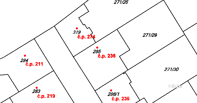 Dymokury 236 na parcele st. 285 v KÚ Dymokury, Katastrální mapa