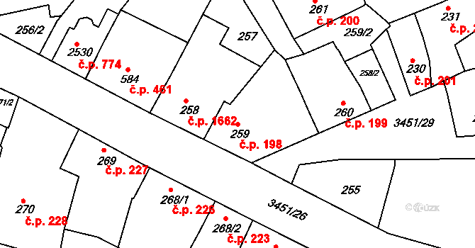 Lysá nad Labem 198 na parcele st. 259 v KÚ Lysá nad Labem, Katastrální mapa
