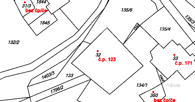 Trstěnice 123 na parcele st. 32 v KÚ Trstěnice u Litomyšle, Katastrální mapa