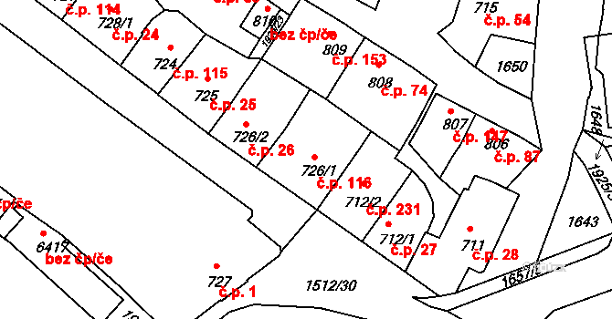 Nové Dvory 116, Třebíč na parcele st. 726/1 v KÚ Třebíč, Katastrální mapa