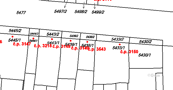 Židenice 3543, Brno na parcele st. 5438/1 v KÚ Židenice, Katastrální mapa