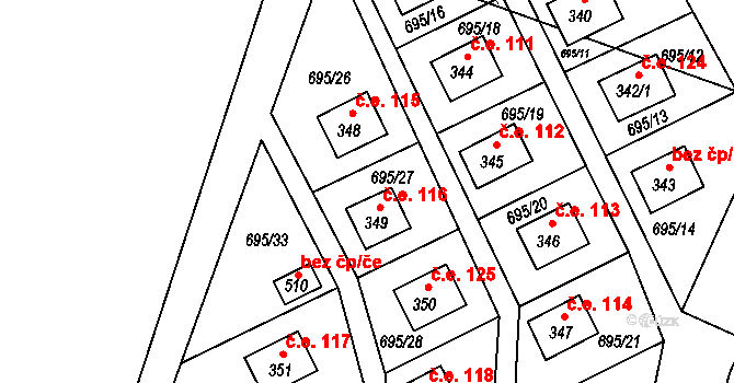 Dobronice u Bechyně 116 na parcele st. 349 v KÚ Dobronice u Bechyně, Katastrální mapa