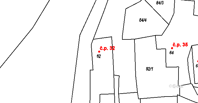 Jimlín 32 na parcele st. 62 v KÚ Jimlín, Katastrální mapa