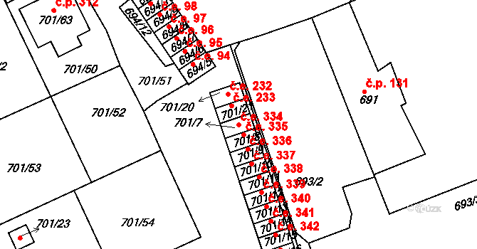 Bystřice 334, Dubí na parcele st. 701/7 v KÚ Dubí-Bystřice, Katastrální mapa