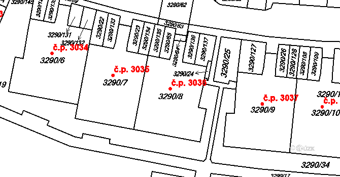 Frýdek 3036, Frýdek-Místek na parcele st. 3290/8 v KÚ Frýdek, Katastrální mapa