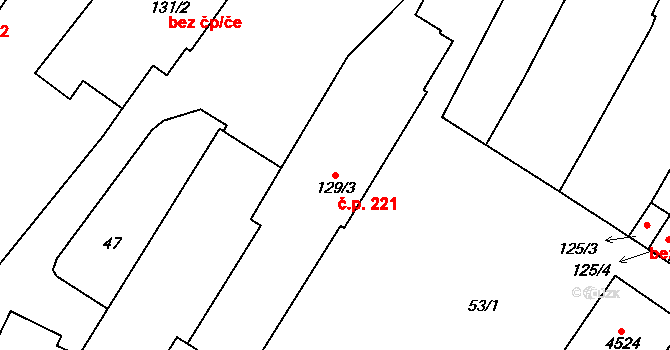 Střed 221, Rokycany na parcele st. 129/3 v KÚ Rokycany, Katastrální mapa