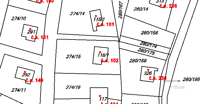Skalka 102, Cheb na parcele st. 116/1 v KÚ Skalka u Chebu, Katastrální mapa