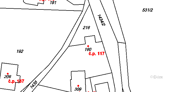 Levínská Olešnice 117 na parcele st. 160 v KÚ Levínská Olešnice, Katastrální mapa