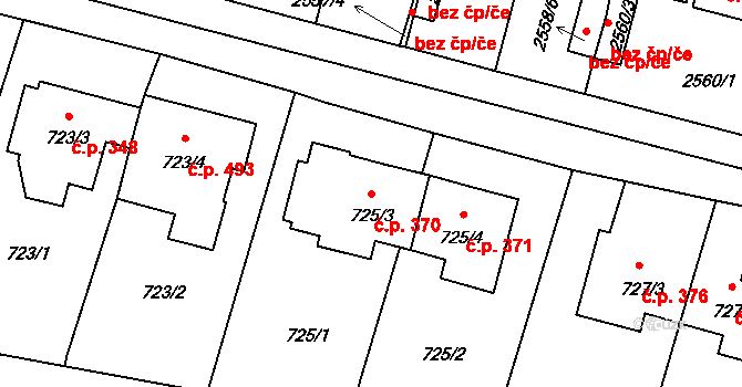 Hodkovičky 370, Praha na parcele st. 725/3 v KÚ Hodkovičky, Katastrální mapa