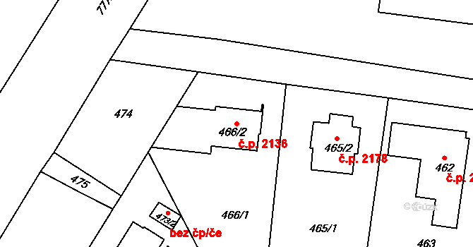 Komořany 2136, Praha na parcele st. 466/2 v KÚ Komořany, Katastrální mapa