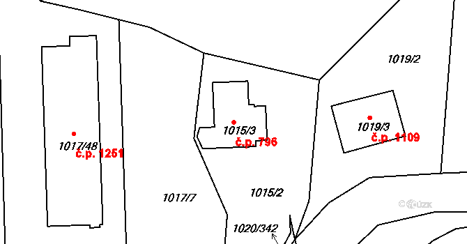 Hlubočepy 796, Praha na parcele st. 1015/3 v KÚ Hlubočepy, Katastrální mapa