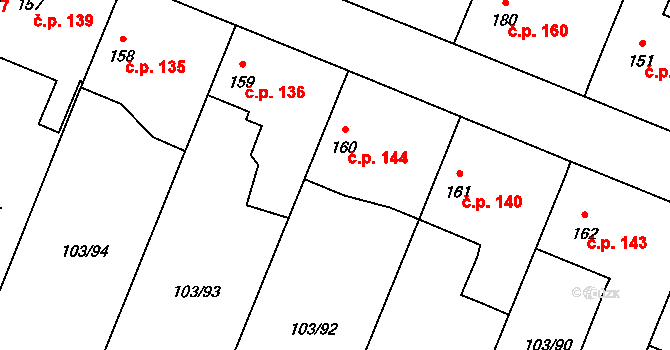 Břežany II 144 na parcele st. 160 v KÚ Břežany II, Katastrální mapa