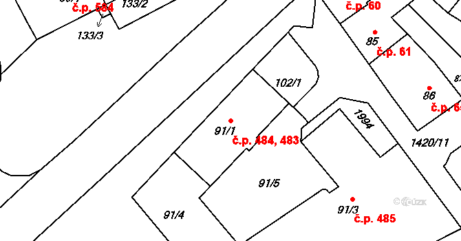 Chválkovice 483,484, Olomouc na parcele st. 91/4 v KÚ Chválkovice, Katastrální mapa