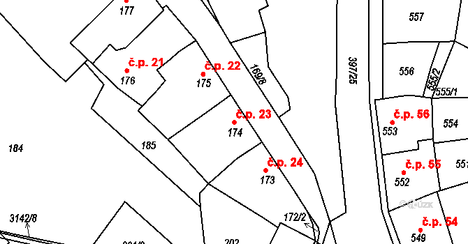 Pražské Předměstí 23, Bílina na parcele st. 174 v KÚ Bílina, Katastrální mapa