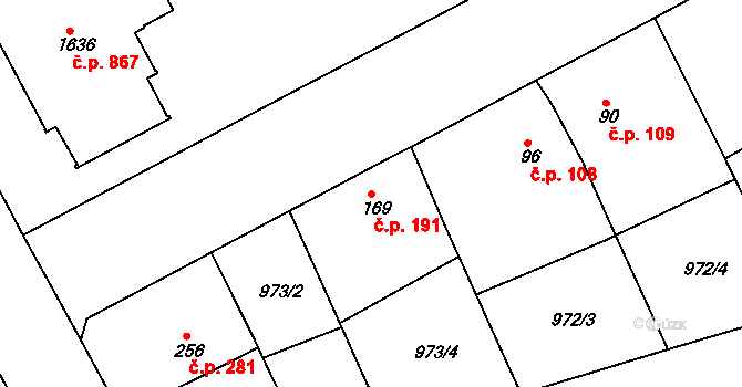 Slezské Předměstí 191, Hradec Králové na parcele st. 169 v KÚ Slezské Předměstí, Katastrální mapa