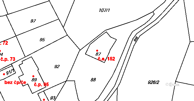 Řícmanice 152 na parcele st. 87 v KÚ Řícmanice, Katastrální mapa
