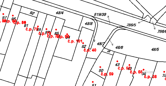 Vysoké Popovice 40 na parcele st. 82 v KÚ Vysoké Popovice, Katastrální mapa
