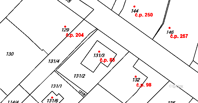 Milovice 83 na parcele st. 131/3 v KÚ Milovice nad Labem, Katastrální mapa