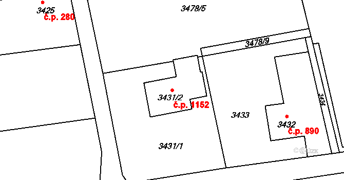 Dolní Lutyně 1152 na parcele st. 3431/2 v KÚ Dolní Lutyně, Katastrální mapa