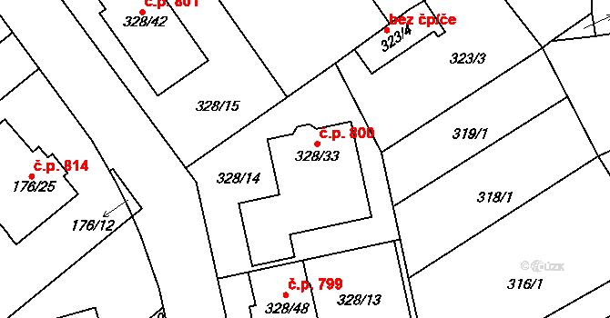 Šardice 800 na parcele st. 328/33 v KÚ Šardice, Katastrální mapa