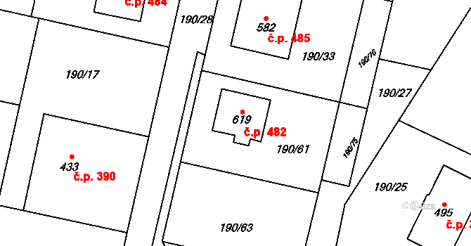 Rožďalovice 482 na parcele st. 619 v KÚ Rožďalovice, Katastrální mapa