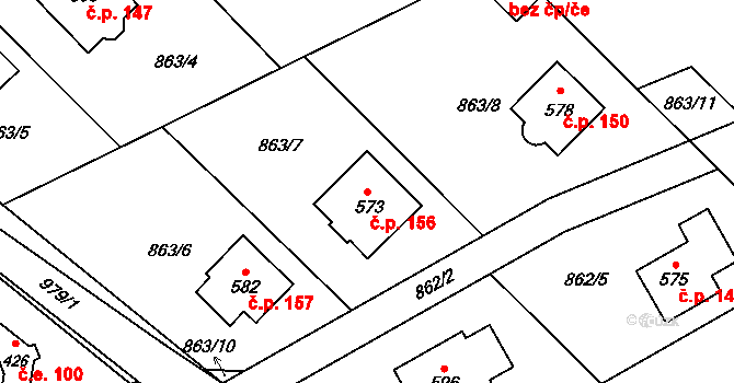 Tehovec 156 na parcele st. 573 v KÚ Tehovec, Katastrální mapa