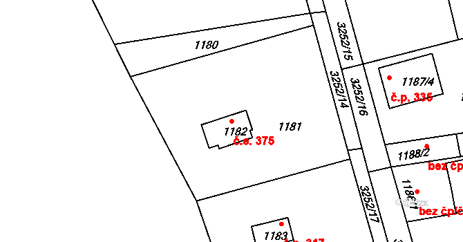 Planá nad Lužnicí 375 na parcele st. 1182 v KÚ Planá nad Lužnicí, Katastrální mapa