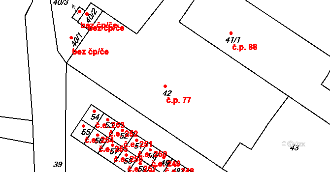 Miřetice u Klášterce nad Ohří 77, Klášterec nad Ohří na parcele st. 42 v KÚ Miřetice u Klášterce nad Ohří, Katastrální mapa