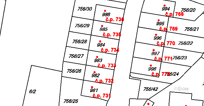 Líbeznice 733 na parcele st. 983 v KÚ Líbeznice, Katastrální mapa